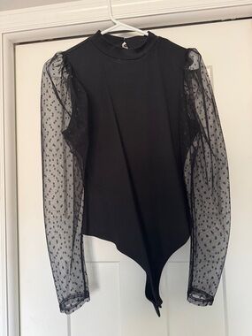 Lulu's Black Dot Mesh Puff-Sleeve Bodysuit